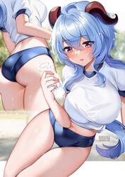 1girls 2koma ass back back_view belly_button big_ass big_breasts big_butt blue_hair blush bottle briefs buruma butt detailed_background female ganyu_(genshin_impact) genshin_impact gym_uniform hair_between_eyes hips horn horns huge_ass huge_breasts huge_butt large_ass large_breasts long_hair looking_away looking_down milk milk_bottle mouth_open open_mouth purple_eyes slim_waist small_waist solo sports_uniform sportswear squchan sweat sweatdrop sweaty sweaty_ass sweaty_body sweaty_butt sweaty_thighs thick thick_ass thick_thighs thigh_gap thighs tight_clothing waist white_topwear wide_hips