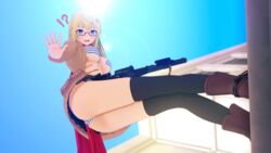 !? 16:9 3d as_val_(girls'_frontline) black_legwear blonde_hair blue_eyes boots girls'_frontline highres koikatsu looking_back scarf semi-rimless_glasses striped_bikini viewed_from_below