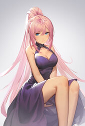 bangs between_legs blue_eyes breasts clavicle cleavage closed_mouth clothes_pull clothing dress female floating_hair grey_background hair_between_eyes hand_between_legs high_resolution large_filesize long_dress long_hair looking_at_viewer medium_breasts pink_hair purple_dress q18607 shiny shiny_hair shionne shionne_(tales) sitting skirt skirt_lift skirt_pull sleeveless sleeveless_dress solo tales_of_(series) tales_of_arise very_high_resolution very_long_hair