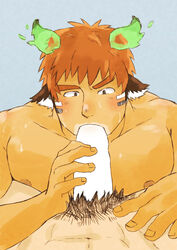 2boys absurdres animal_ears bara blank_censor blush brown_hair censored completely_nude cow_boy cow_ears cow_horns erection facial_hair fellatio fiery_horns forked_eyebrows glowing_horns goatee highres horns lying male_focus male_pubic_hair multiple_boys muscular muscular_male nipples nude on_back oral pectorals pov pubic_hair short_hair solo_focus spiked_hair sweat tatatan_(ts_kon2) thick_eyebrows tokyo_afterschool_summoners wakan_tanka yaoi