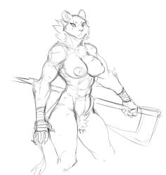 2021 abs anthro axe big_pubes biped breasts facial_scar felid feline female guoh mammal melee_weapon muscular muscular_anthro muscular_female neck_tuft nipples pubes scar simple_background sketch solo tuft weapon white_background