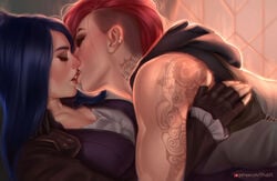 2girls absurdres arcane caitlyn_kiramman canon_couple female female_only highres kissing league_of_legends othalam tattoo vi yuri