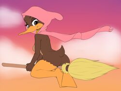 alfred_j._kwak_(series) anatid anseriform anthro ass avian beak billboi bird broom brown_body brown_eyes brown_feathers cleaning_tool cloak clothing detailed_background duck feathers female flying hi_res looking_back mostly_nude sitting sky solo winnie_(ajk)