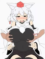 2d 2d_(artwork) 2d_animation animated blush boobs breast_fondling breast_grab breasts camp_of_hunger chest_tuft clothed detached_sleeves disembodied_hand embarrassed fondling fondling_breast headwear huge_breasts momiji_inubashiri mp4 no_sound open_mouth rough sweat thighs touhou video white_hair wolf_ears