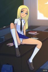 1girls badtyke blonde_hair blue_eyes cartoon_network dc dc_comics female female_only loafers long_hair looking_at_viewer looking_pleasured panties petite pixiv school_desk school_uniform schoolgirl schoolgirl_uniform shoes showing_panties skirt skirt_up slender_legs small_breasts smile smiling smiling_at_viewer socks solo tara_markov teen_titans terra_(dc) thighs tie upskirt