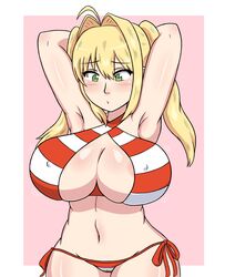 arms_behind_head blonde_hair fate_(series) green_eyes hands_behind_head huge_breasts nero_claudius_(fate) nero_claudius_(swimsuit_caster) nipples_visible_through_clothing swimsuit winzaku_(asakura)