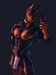 2021 5_fingers abs anthro athletic athletic_anthro athletic_male balls biceps black_body black_fur black_nose brown_body brown_fur canid canine canis cellphone claws collar collar_only confident dobermann domestic_dog evpathyk finger_claws fingers flaccid fur genitals hi_res holding_cellphone holding_object holding_phone holding_smartphone humanoid_hands klaus_doberman_(character) looking_at_viewer male male_focus male_only mammal multicolored_body multicolored_fur muscular muscular_anthro muscular_male navel nipples nude pecs penis phone pinscher portrait pose red_collar selfie smartphone smile solo taking_picture three-quarter_portrait two_tone_body two_tone_fur