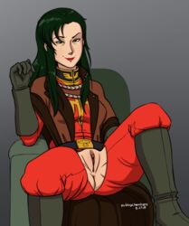 1girls 2018 big_breasts boots breasts cima_garahau clothed cubbychambers curvaceous female gloves green_hair gundam gundam_0083 human large_breasts light-skinned_female light_skin long_hair mature mature_woman pussy_exposed sitting solo uniform villainess zeon