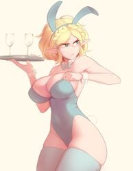 1girls adjusting_clothes arms_wrapped_around_breasts blonde_hair blue_clothing bunny_ears bunny_girl bunny_tail bunnysuit cleavage cleavage_overflow elf_female embarrassed female female_only frown fully_clothed gaken_if holding_glasses holding_plate jpeg latex leotard princess_zelda pulling_up_shirt revealing_clothes serving_tray signature skimpy_clothes solo solo_female solo_focus stockings tears_of_the_kingdom the_legend_of_zelda thighhighs tight_clothing tugging_clothing waitress wrist_cuffs zelda_(tears_of_the_kingdom)