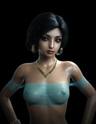 3d aladdin black_hair breasts brown_eyes clothed cute disney disney_princess female_only limitlessx looking_at_viewer middle_eastern middle_eastern_female nipples persian_female princess_jasmine realistic see-through_bra solo sweet tan-skinned_female tan_skin