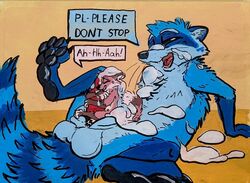 animal_genitalia anthro bodily_fluids bukkake canid canine cum duo fox genital_fluids genitals macro male mammal micro micro_on_macro procyonid raccoon sheath sheath_play size_difference sushiotter_(artist) waffles_the_raccoon