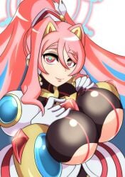 1girls animal_ears artist_request capcom clothed eratoeir female female_only huge_breasts long_hair mega_man mega_man_x mega_man_x_dive pink_hair simple_background smile solo tagme