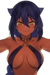 :3 animal_ears armpits backlighting bangs bare_shoulders bikini bikini_top black_hair braid breasts cleavage close-up closed_mouth dark-skinned_female dark_skin eyebrows_visible_through_hair female hair_between_eyes hair_flaps halterneck high_resolution jahy jahy_sama_wa_kujikenai! konbu_wakame large_breasts long_hair looking_at_viewer medium_breasts o-ring o-ring_top revealing_clothes simple_background single_braid slit_pupils smile smug solo swimsuit tied_hair upper_body very_long_hair white_background yellow_eyes