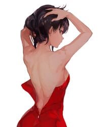 a_k_o adjusting_hair armpit_peek armpits arms_up back black_hair dress female from_behind high_resolution konbu_wakame long_hair looking_back original red_dress red_eyes simple_background solo white_background zipper