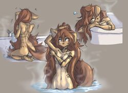 1girls anthro apogee_(tinygaypirate) areolae ass bath bathing breasts brown_hair dialogue female female_only furry long_hair nipples nude solo text tinygaypirate very_long_hair water