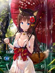 animal_ear_fluff animal_ears bangs blue_eyes bow breasts brown_hair choker clavicle cleavage closed_mouth dress eyebrows_visible_through_hair female female flower fox_girl fox_tail hair_flower hair_ornament high_resolution holding holding_umbrella kitsune kitsunemimi leaf long_hair medium_breasts na_kyo no_bra nopan oil-paper_umbrella original red_bow see-through sleeveless sleeveless_dress standing tail tassel tree umbrella very_high_resolution wafuku water water_drop waterfall wet wet_clothes wet_dress white_dress wind_chime