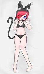 ary arythecat black_bra black_hair black_panties catgirl gradient_hair heterochromia light_skin red_hair tagme tail underwear_only