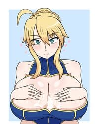 ahoge artoria_pendragon artoria_pendragon_(lancer) blonde_hair blue_eyes cum cum_on_breasts fate_(series) hand_on_breast heart huge_breasts looking_at_viewer smile winzaku_(asakura)