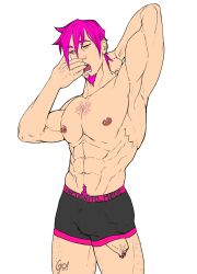 1boy abs bara boxers(clothing) bulge chest_hair dick_slip facial_hair gay goatee golewdgo keikono_marisukaru leg_hair male male_focus male_only muscular muscular_male nipple_piercing nipples pecs pierced_nipples pink_hair pubes pubic_hair purple_hair red_eyes stretching utau utauloid yaoi yawn