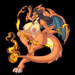 1:1 anthro big_breasts breasts charizard claws dragon female fire fruittibunny genitals hair hi_res horn mega_charizard mega_charizard_y mega_evolution membrane_(anatomy) membranous_wings nintendo nipples nude pokémon_(species) pokemon pokemon_(species) pussy solo tongue video_games wings