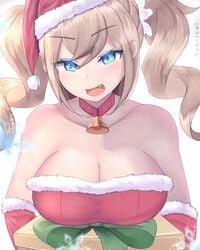 1girls barbara_(genshin_impact) blonde_hair blue_eyes blush breasts christmas christmas_outfit cleavage cyanical fang genshin_impact heart-shaped_pupils hi_res jingle_bell large_breasts looking_at_viewer nun open_mouth santa_costume santa_hat smile twintails