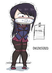 1girls arms_behind_back asian bdsm black_hair black_legwear blazer blue_jacket blush bondage bound eyebrows_visible_through_hair femsub full_body gag gagged jacket komi-san_wa_komyushou_desu komi_shouko long_hair oncensored pantyhose red_skirt rope_bondage school_uniform simple_background skirt solo tied_up trembling white_background