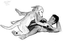 ambiguous_species anal anal_sex animal_genitalia animal_humanoid animal_penis anthro anthro_dominating_human anthro_penetrating anus armpit_hair ass balls belly big_ears big_feet black_nose black_soles body_hair canid canine_penis chest_hair dark_body dark_eyes dark_hair dark_skin digitigrade divdurvart duo eye_contact feet from_front_position fur genitals hand_behind_head hand_on_chest hand_on_neck hindpaw human human_penetrated humanoid humanoid_genitalia intimate kneeling legs_up light_body light_fur looking_at_another lying male male/male mammal mammal_humanoid missionary_position on_back paws penetration penile penile_penetration penis sex short_fur simple_background spread_legs spreading toes white_belly