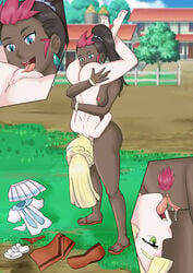 2girls 69 amara_(pokemon) anus black_hair blonde_hair blue_eyes clothes_lift cunnilingus dark-skinned_female farm female female/female female_only green_eyes interracial interracial_yuri lesbian lesbian_sex lillie_(pokemon) milf multiple_girls naked only_female pokemon pokemon_sm ponytail pubic_hair pussy pussy_lick red_hair sandals sandals_only sima_(pokemon) standing_69 standing_sex teenager yuri