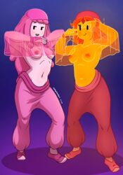 2019 2girls adventure_time belly_dancer breasts clothed cubbychambers dancing female_only flame_princess harem_outfit multiple_girls navel princess_bubblegum