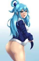 1girls abstract_background aqua_(konosuba) ass blue_and_white blue_eyes blue_hair blue_jacket breasts eye_contact female hair_ornament kono_subarashii_sekai_ni_shukufuku_wo! leonart light_blue_hair long_hair looking_at_viewer no_panties pale-skinned_female solo standing thighs