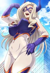 1girls belly blonde_hair bodysuit breasts building cameltoe cloud curvaceous day domino_mask fake_horns female giant giantess gloves highres hips horns mask mount_lady my_hero_academia navel open_mouth pose purple_eyes pussy sano-br shounen_jump teeth toned toned_arms toned_female toned_stomach voluptuous white_bodysuit yuu_takeyama