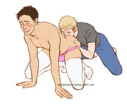 2boys attack_on_titan blonde_hair blush brunet eating_ass eatingdrawingreading freckles gay jean_kirstein lingerie male_only marco_bodt panties shingeki_no_kyojin yaoi