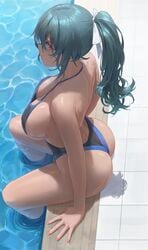 1girls absurd_res ass blue_hair breasts clothing female female_only hi_res large_breasts long_hair looking_at_viewer looking_back one-piece_swimsuit original outdoors ponytail pool red_eyes sideboob sitting solo swimsuit tied_hair viewed_from_above water yohan1754