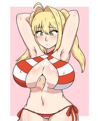 arms_behind_head blonde_hair cum ejaculation ejaculation_between_breasts fate_(series) green_eyes hands_behind_head huge_breasts nero_claudius_(fate) nero_claudius_(swimsuit_caster) nipples_visible_through_clothing paizuri swimsuit winzaku_(asakura)