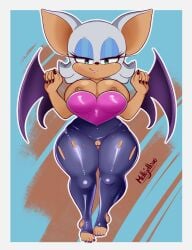 1girls anthro areolae big_breasts breasts cleavage_overflow eye_contact female furry half-closed_eyes huge_breasts looking_at_viewer mellojellowo nipples pussy ripped_clothing rouge_the_bat shiny_clothes sonic_(series) thick_thighs wide_hips