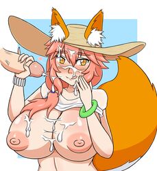 blush cum cum_in_mouth cum_on_breasts cum_on_face ejaculation fate/grand_order fate_(series) fox_ears fox_tail handjob hat kitsune licking_lips looking_away pink_hair raised_shirt tamamo_no_mae_(fate) winzaku_(asakura) yellow_eyes