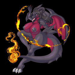 1:1 anthro big_breasts breasts charizard claws dragon female fire fruittibunny genitals hair hi_res horn huge_breasts mega_charizard mega_charizard_y mega_evolution membrane_(anatomy) membranous_wings nintendo nipples nude pokémon_(species) pokemon pokemon_(species) pussy solo tongue video_games wings