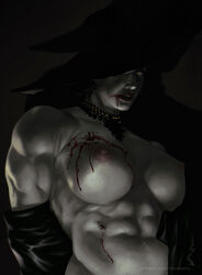 abs alcina_dimitrescu black_hair blood blood_stain breasts busty capcom dima_ivanov female female_only hat hat_over_one_eye jewelry large_breasts lips lipstick looking_at_viewer muscles muscular_female navel nipples nude pale-skinned_female pale_skin red_lipstick resident_evil resident_evil_8:_village solo thirstastic undressing yellow_eyes