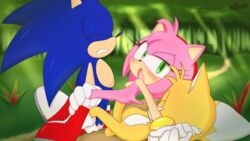 1girls 2boys amy_rose excito hedgehog miles_prower pink_fur pink_hair sonic_(series) sonic_the_hedgehog tails