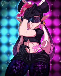 absurd_res beauty_mark belly_tattoo black_legwear black_shirt bottomwear callie_(splatoon) cephalopod clothing ear_piercing ear_ring earrings eyewear female female_focus female_only glasses hand_posing hi_res hotpants hypno_shades_(splatoon) inkling legwear lips long_ears marine midriff mole mole_under_eye mollusk navel nintendo octarian_tattoo octo_callie piercing pink_panties pose shorts smooth_skin solo splatoon squid_sisters sunglasses tattoo tech_control tenjosan thick_lips thick_thighs tights tinted_eyewear uncensored video_games watermark