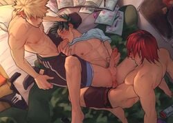 3boys abs anal anal_penetration anal_sex bed blonde_hair clothing clothing_on_floor cock_gobble cock_hungry cum_hungry eijirou_kirishima erect_nipples erect_while_penetrated erection exposed_nipples fellatio fuck_and_suck gay gay_orgy gay_sex genitals giving_head going_down_on green_hair hand_on_penis holding_head holding_penis homework izuku_midoriya katsuki_bakugou knob_polishing legs_apart lying_on_back male male/male/male male_only masturbating_during_fellatio masturbating_while_penetrated mmm_threesome mouth_full_of_cock mouth_open mouthful multiple_males multiple_penises my_hero_academia on_back on_bed oral oral_sex orgasm_face pecs penis penis_grab penis_in_ass penis_in_mouth penis_size_difference receiving_on_back red_hair shirt_up shirtless shorts_around_one_leg shorts_down socks spacenipnops spiky_hair spitroast spread_legs stroking_cock suck_and_fuck sucking_off teenager threesome topless yaoi