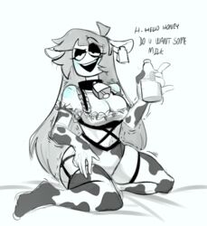 breasts cow_bikini cow_ears cow_print_bikini cowgirl_outfit female lila_(spooky_month) long_hair medium_breasts milf monochrome mother partially_clothed spooky_month text whathefucktim