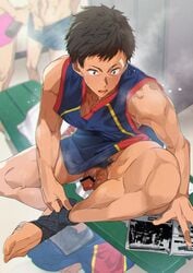 1boy bar_censor basketball censored locker_room male_only pants_around_one_leg sleeveless_shirt solo solo_male sweat takamiya undressing