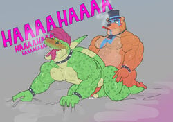 alligator alligatorid anthro anthro_only blush bodily_fluids body_hair boner bow_tie bracelet brown_body brown_fur chest_hair clothing collar crocodilian doggy_style dumbandgreen duo ear_piercing ear_ring erection five_nights_at_freddy's five_nights_at_freddy's:_security_breach from_behind_position fronty fur gay genitals glamrock_freddy glamrock_freddy_(fnaf) green_body green_skin hair hat headgear headwear hi_res jewelry male male/male male_only mammal montgomery_gator montgomery_gator_(fnaf) muscular muscular_male no_humans nude penis piercing red_hair reptile scalie scottgames sex smoking spiked_bracelet spiked_collar spikes star_glasses sweat tan_body tan_fur teeth tongue tongue_out top_hat ursid vein video_games