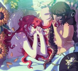 2girls after_sex artist_signature bed black_hair braid breasts couple feathers female female_only hair_grab long_hair medium_breasts moth multiple_girls mutatedeye nude plant red_hair sleeping smelling_hair sunflower sunlight very_long_hair yuri