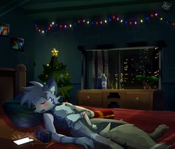 anthro axy_usagi balls blush bodily_fluids canid canine canis christmas city clothed clothed/nude clothing cum erection fur genital_fluids genitals hi_res holidays male mammal nude penis precum solo wolf