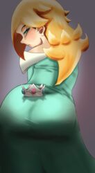 1girls 2thpick ass big_ass blonde_hair blue_eyes clothes_match_eye_color clothing crown dress female female_focus female_only from_behind huge_ass looking_at_viewer mario_(series) nintendo object_on_ass princess_rosalina solo solo_focus super_mario_galaxy thick_ass thick_thighs