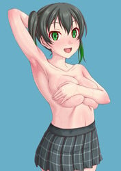 arm_across_chest arm_behind_head arm_up armpits bangs blue_background breasts collarbone covering covering_breasts eyebrows_visible_through_hair female fingernails green_eyes green_hair looking_at_viewer love_live! love_live!_nijigasaki_high_school_idol_club open_mouth short_twintails simple_background skirt smile squishing stomach sweat takasaki_yuu tenrai_(temple) topless twintails wet