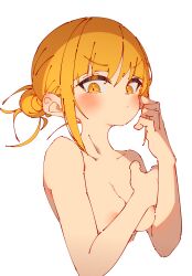 :/ absurdres areolae bangs blonde_hair blunt_bangs blush breasts cleavage closed_mouth collarbone completely_nude covering covering_breasts cropped_torso double_bun eyebrows_visible_through_hair female finger_to_cheek from_side frown furrowed_brow hair_between_eyes hands_up highres himiko_toga looking_at_viewer looking_to_the_side medium_breasts messy_hair my_hero_academia narrowed_eyes nude rasusurasu scratching_cheek simple_background solo thick_eyelashes upper_body v-shaped_eyebrows white_background yellow_eyes