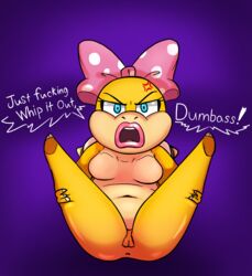 angry annoyed anthro big_lips bow chubby dialogue lipstick mario_(series) nintendo pink_bow pink_lipstick shortstack text thick_thighs turtle wendy_o._koopa yellow_body